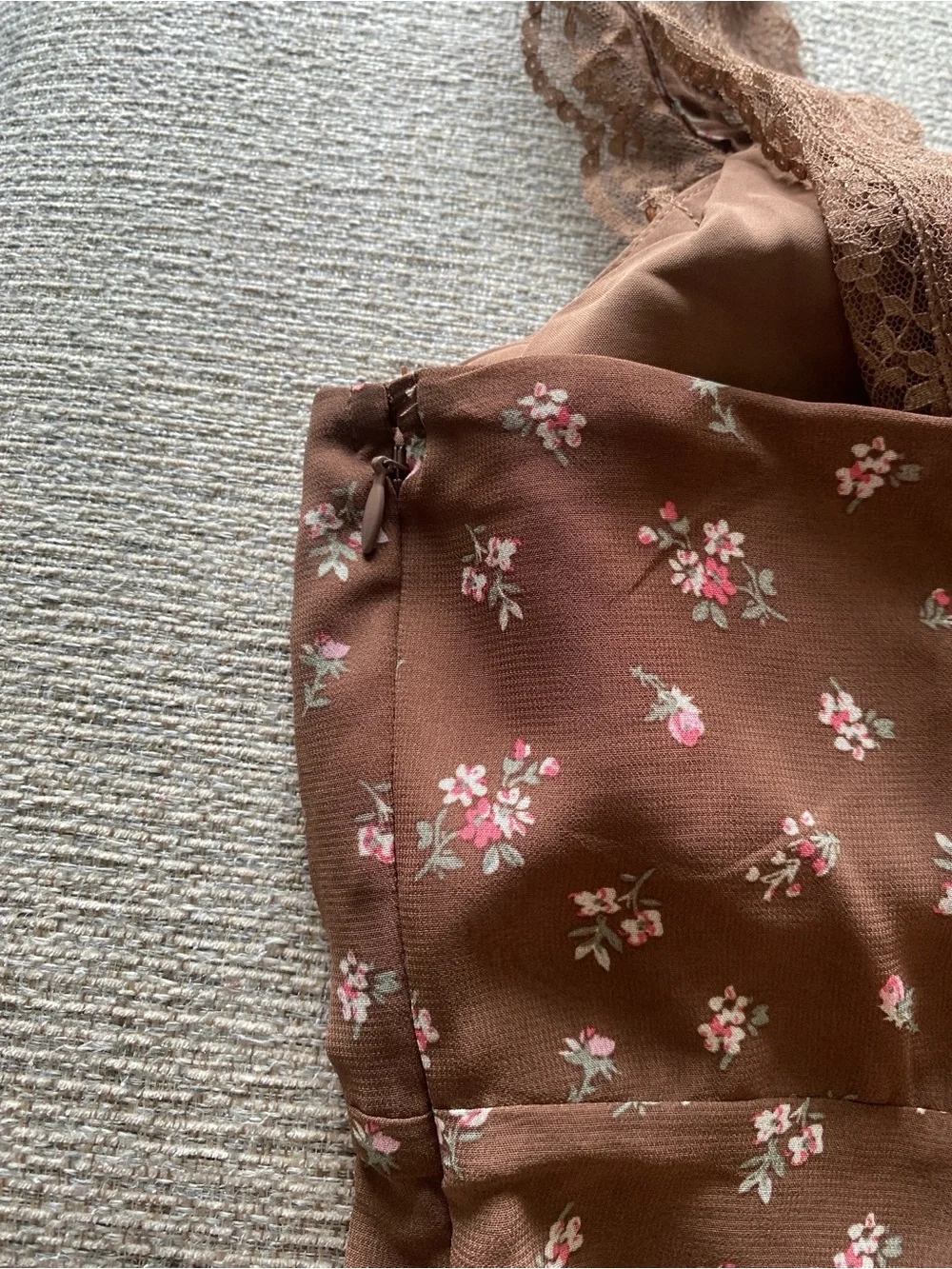 Abercrombie and Fitch Bra-Free Lace-Trim Button-Through Mini Dress —Brown Floral - Picture 8 of 9